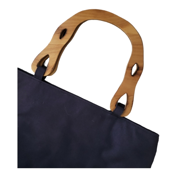 Vintage 80's Supersac Navy Blue Wooden Handle Canvas Purse - Picture 2 of 9